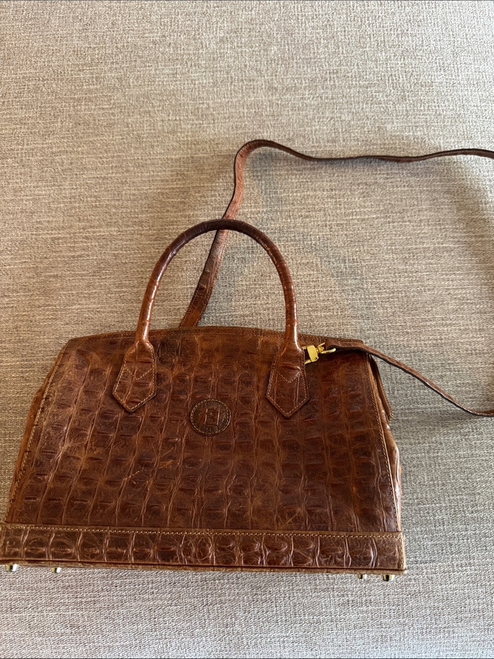 Fendi Brown Croc-Embossed Satchel with Top Handles